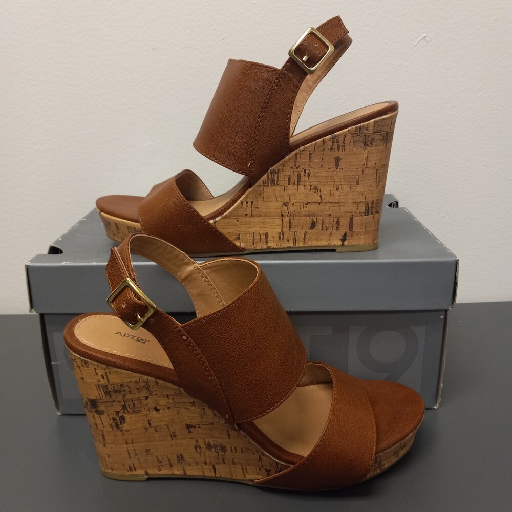 Apt. 9 Wedge Sandals Tan Strap Size 8   4.25” High Heel Shoes - Picture 2 of 14